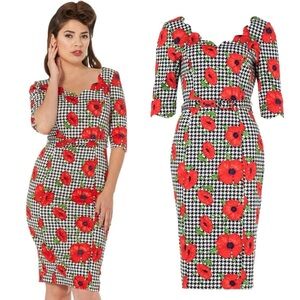 Voodoo Vixen Eloise Retro Poppy Houndstooth Pencil Dress